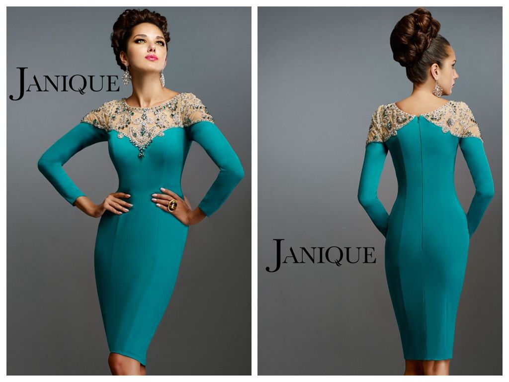 Teal Fomal Cocktail Dresses 2015 Scoop Neckline Long Sleeves Beaded