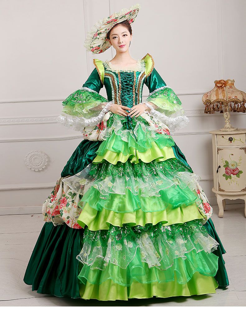 Luxury Lace Ruffled Golden/Blue/Green/Pink Medieval Dress Renaissance Gown Queen Dress Victorian