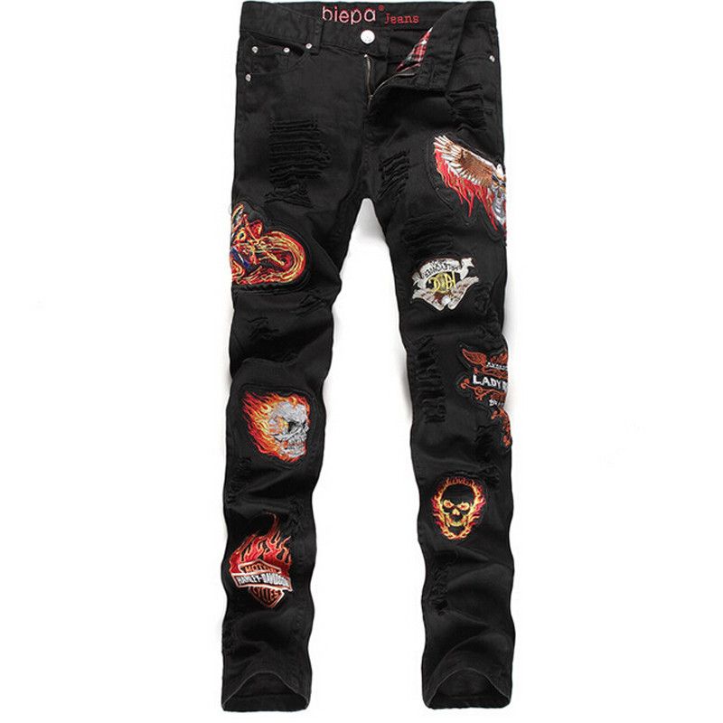 Discount New Fashion Mens Patch Jeans 100 Cotton Brand Designer Slim