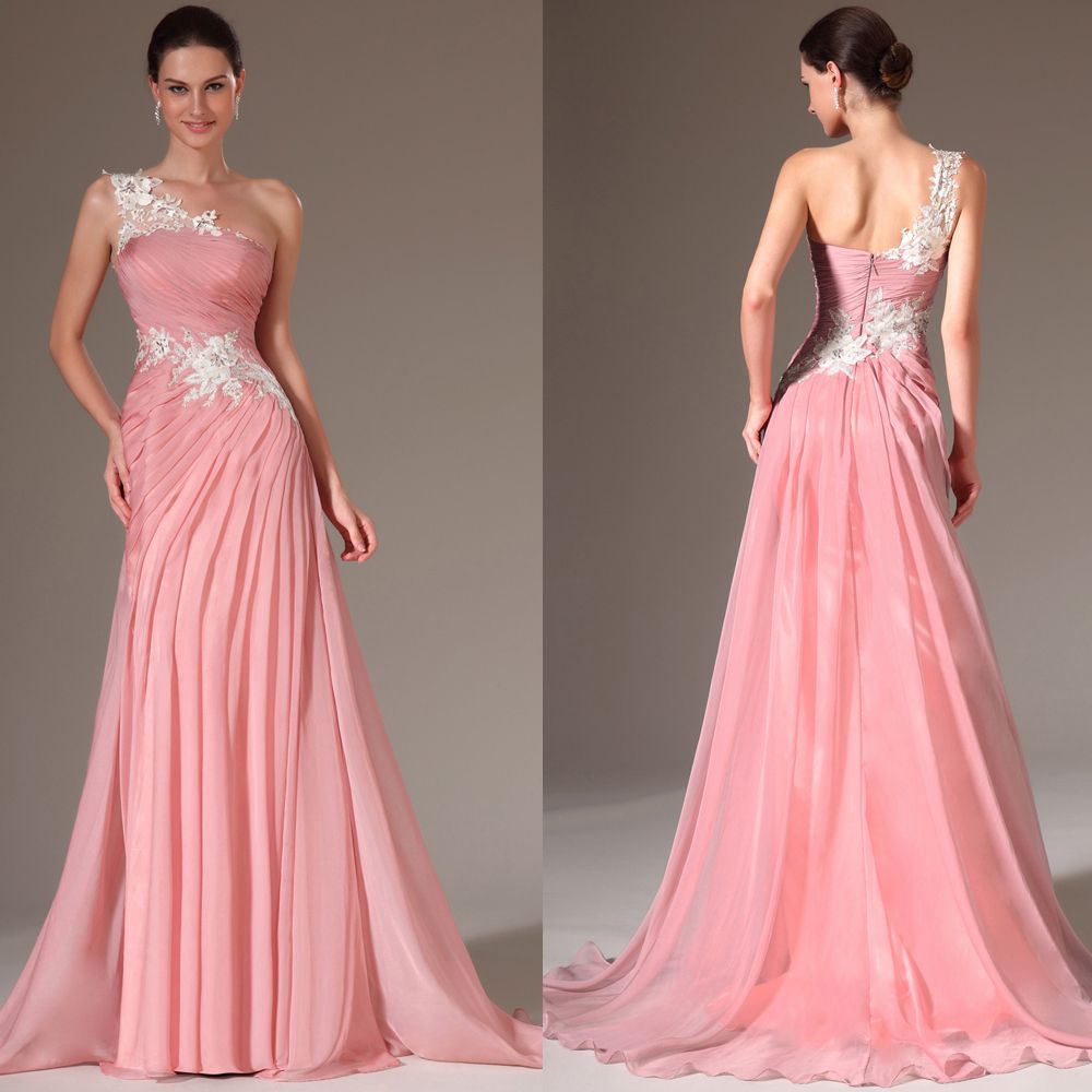 2016 Pink Chiffon Prom Dresses Strapless Floral Lace Appliques Pleated