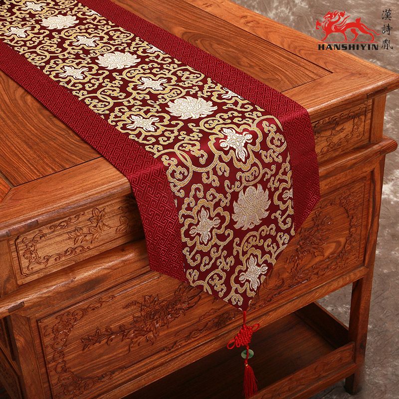 Fine Luxury Patchwork Burgundy Silk Brocade Table Runners with Tassels