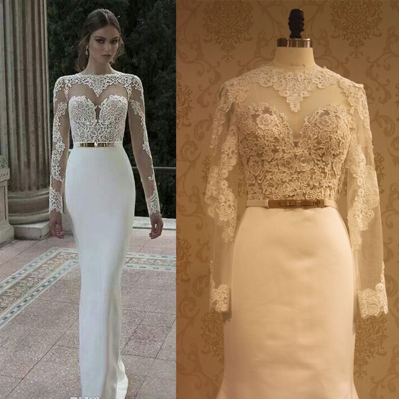 Gergous Berta Hot Sale Long Sleeve Round Back Sheath Gold Belt See