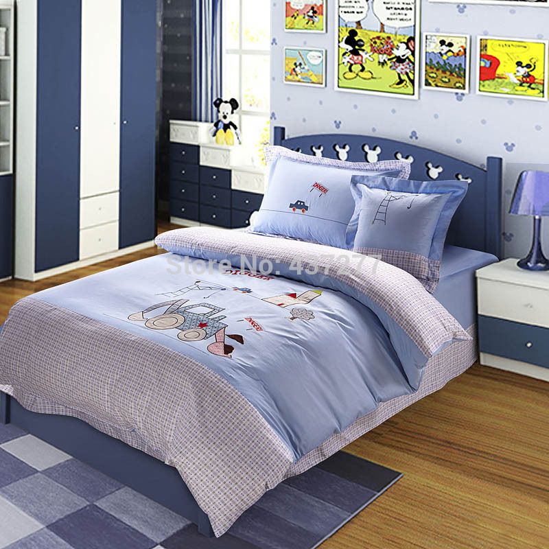 Discount Boys Digger Embroidered Blue Cotton Bedding Set Or For Twin Full/Queen Size Home