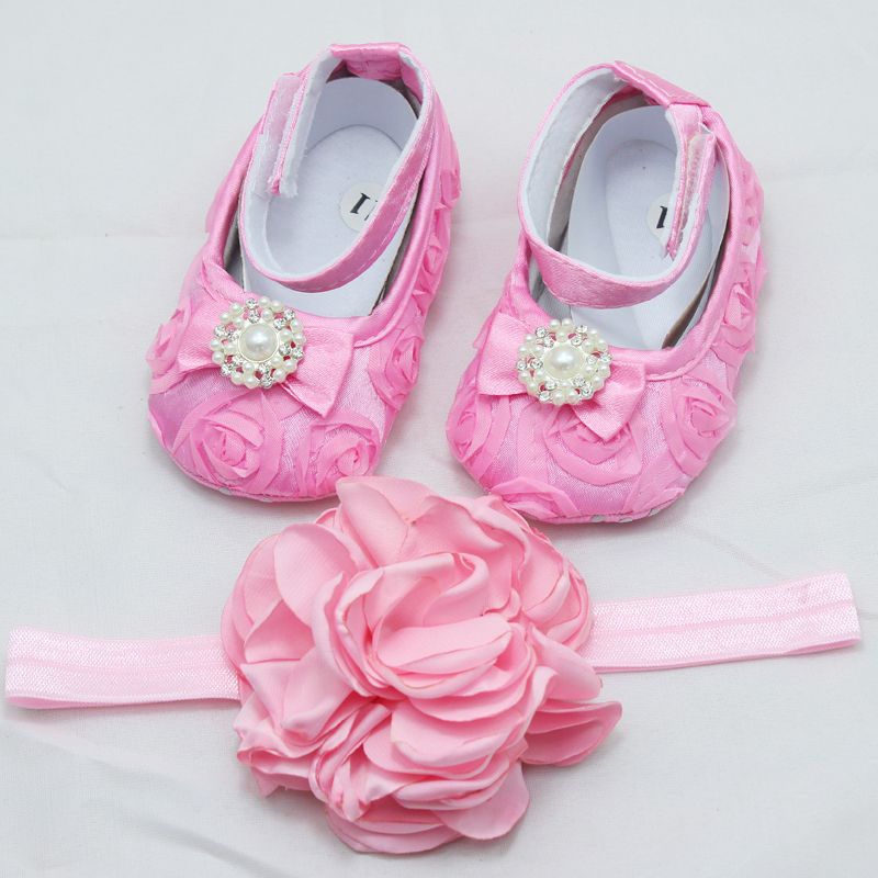2017 Baby Satin Rosette Flower Headband Girl Lace Shoes With Pearl Set