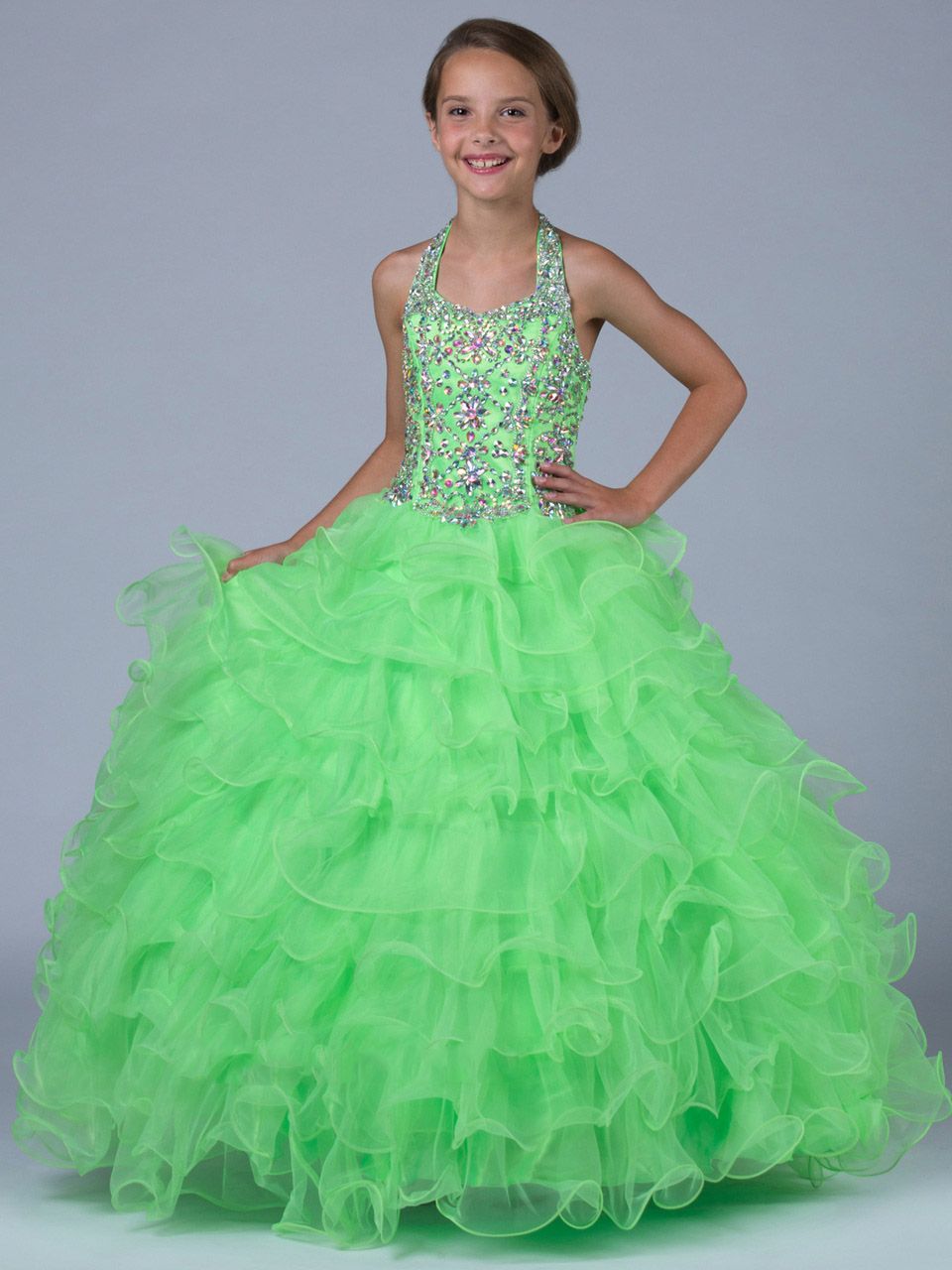 Girls Pageant Dresses Size 14 Green Organza Halter Ball Gown Beaded Crystals Cute Little Girls