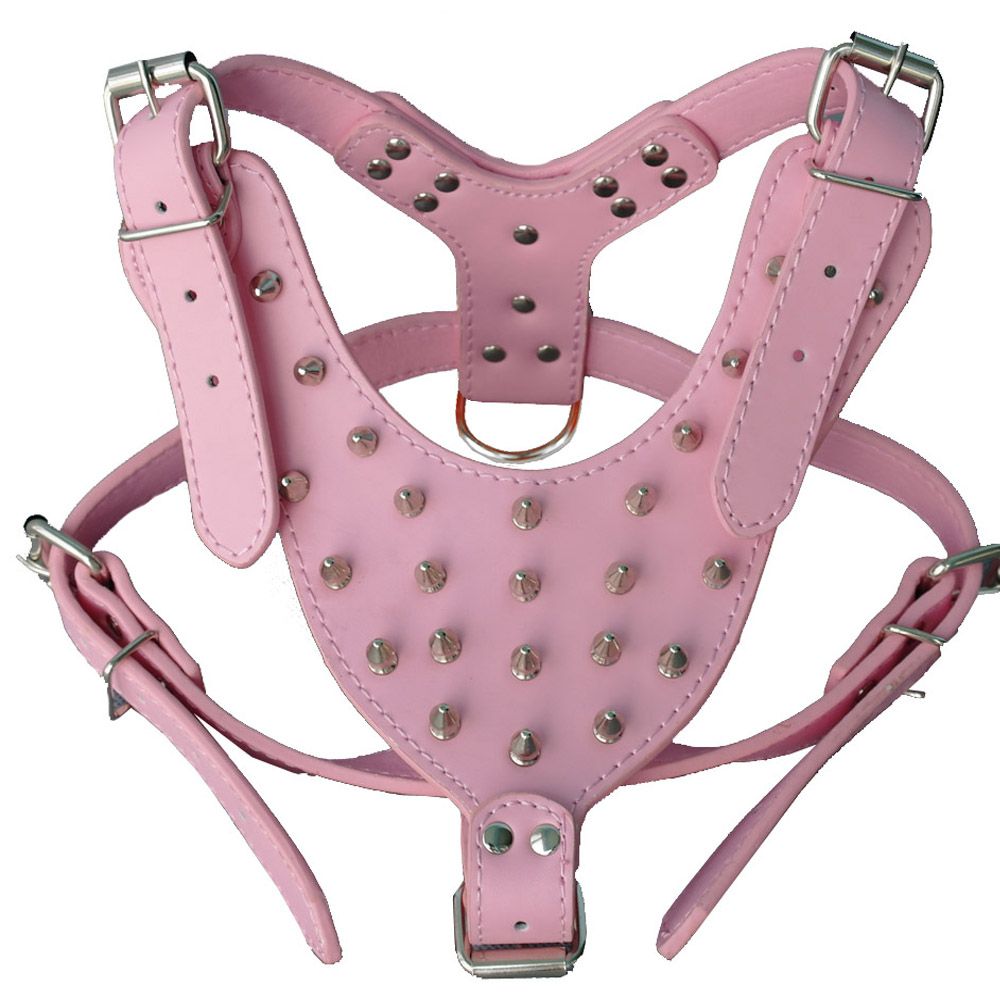 2017 17 24''Pink Leather Dog Harness,Spiked Studded Staff Leather Lead