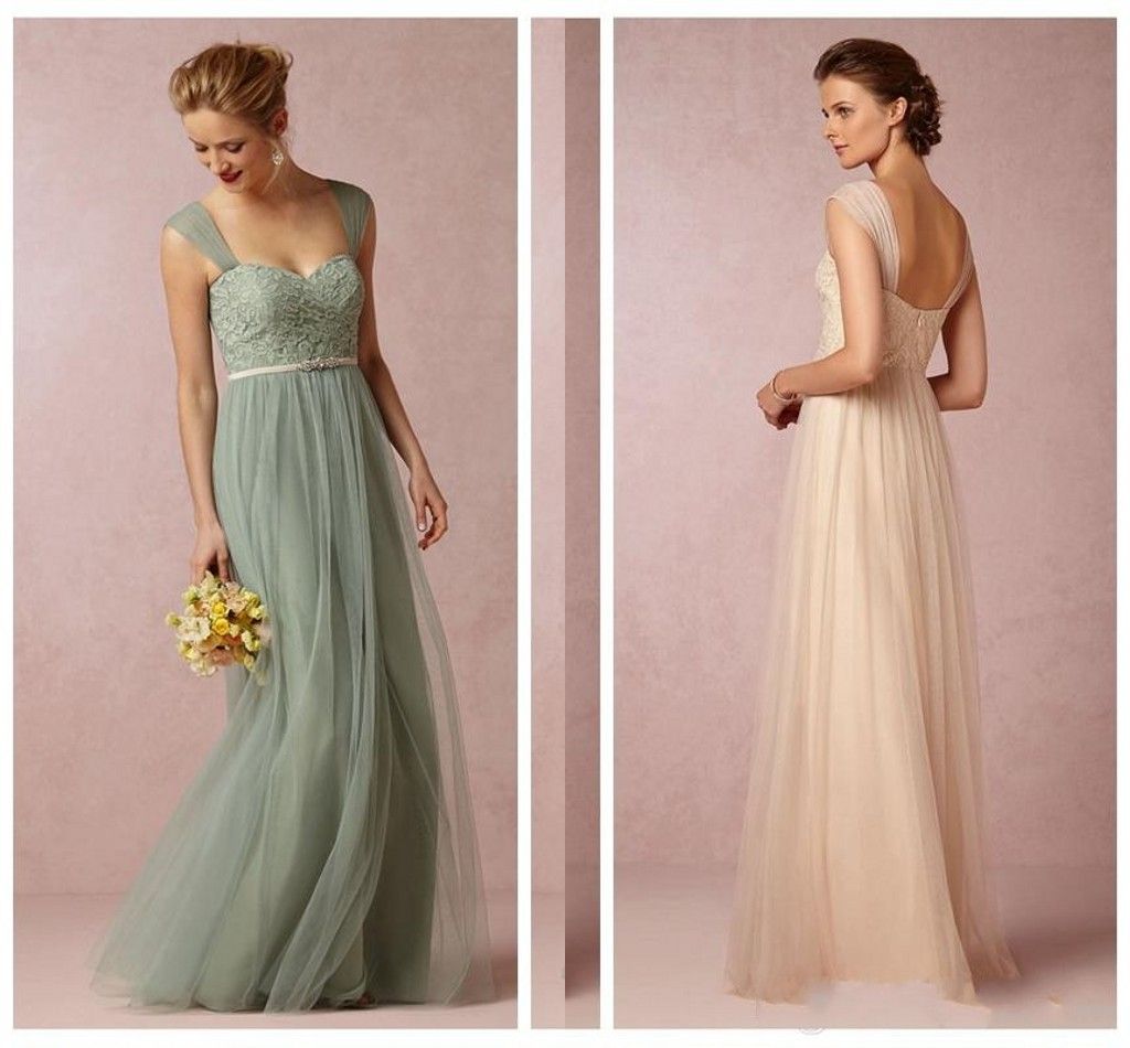 Sage/Champagne Long Lace Bridesmaid Dresses For Weddings Sheer Straps