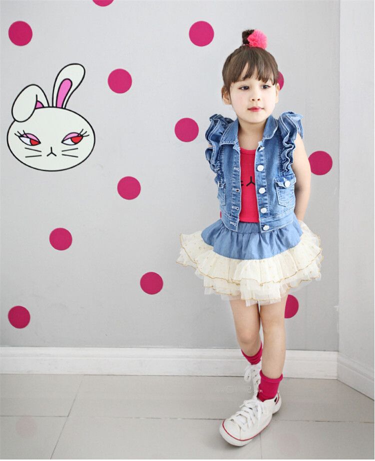 2017 New Summer Babies Girls Set 2015 Jeans Jacket+Short Dress Short
