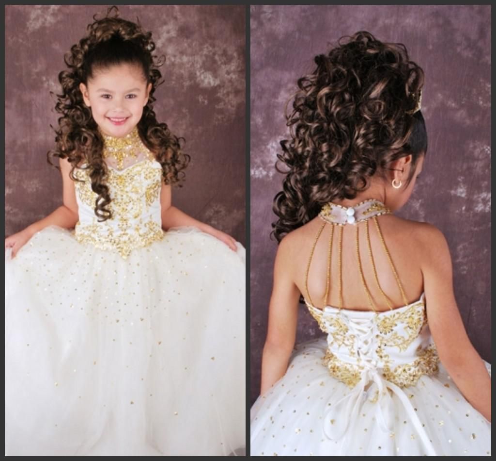 2015 Sexy Flower Girl Dresses White And Gold Ball Gown Pageant Dresses