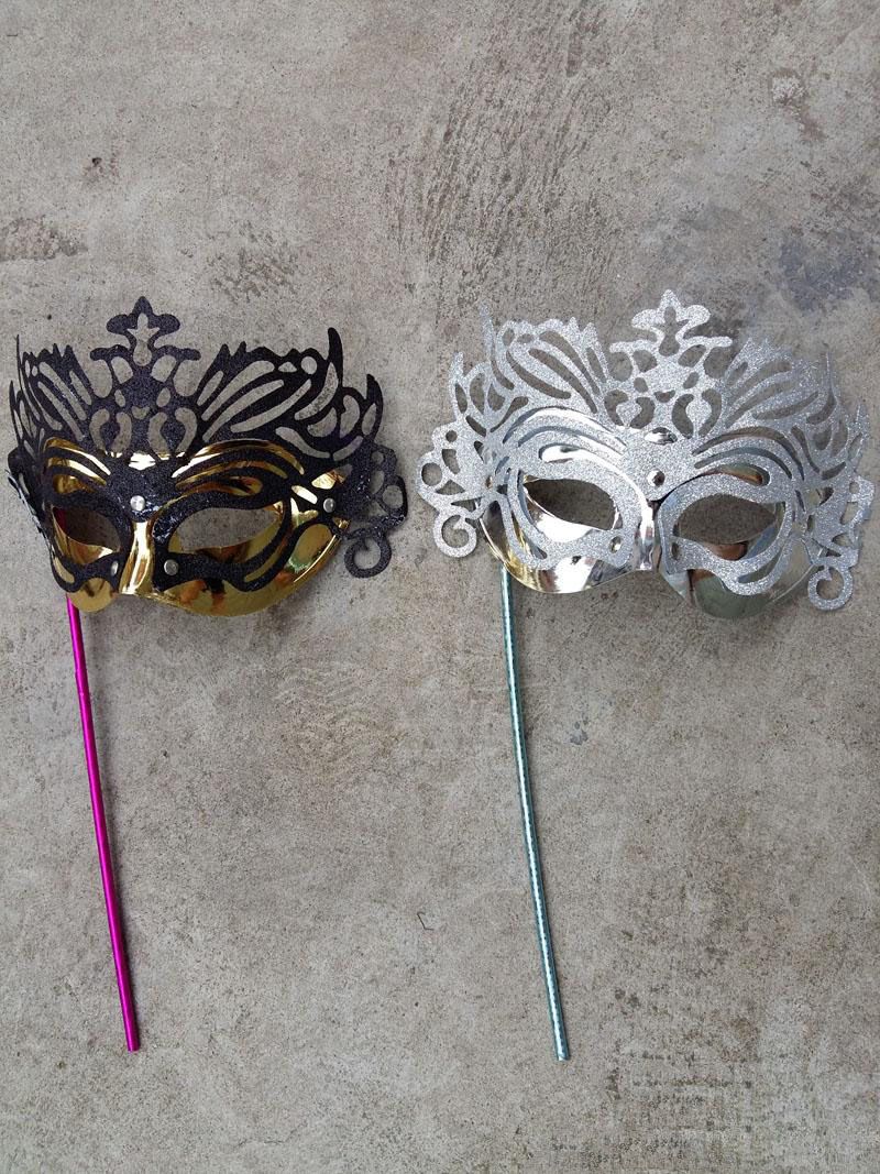 Men'S Masquerade Mask On A Stick Half Face Mask Crown Glitter