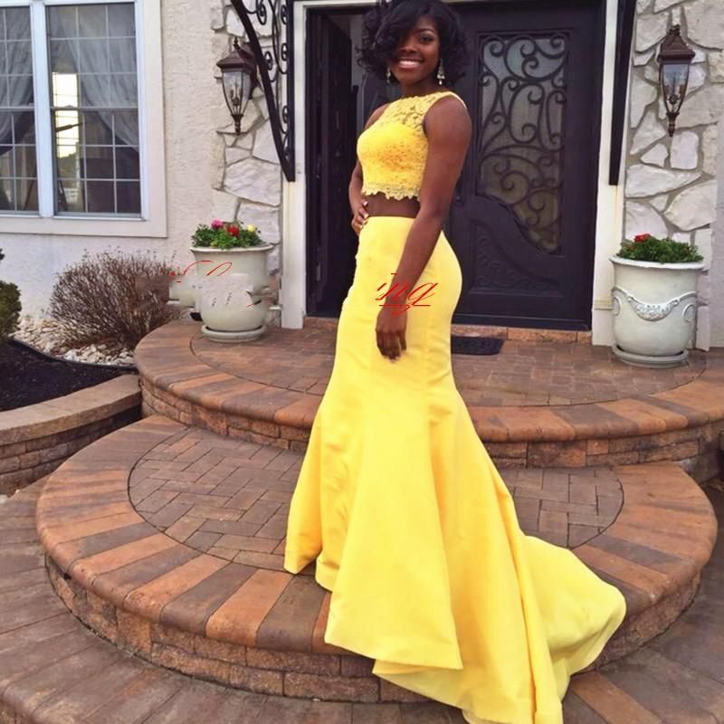 2016 New South Africa Two Pieces Prom Dresses Yellow Lace Formal