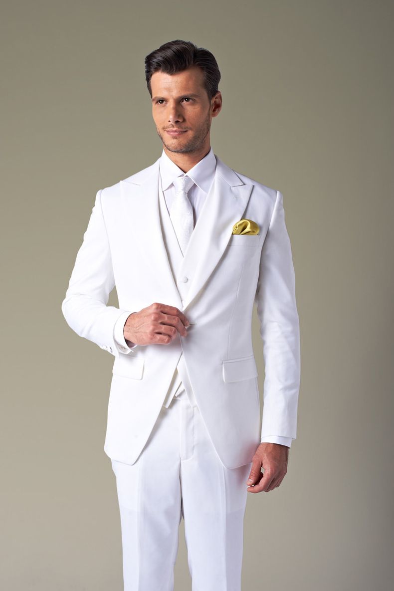 2015 White Wedding Suits For Men Ivory Tuxedos Peaked Lapel Men
