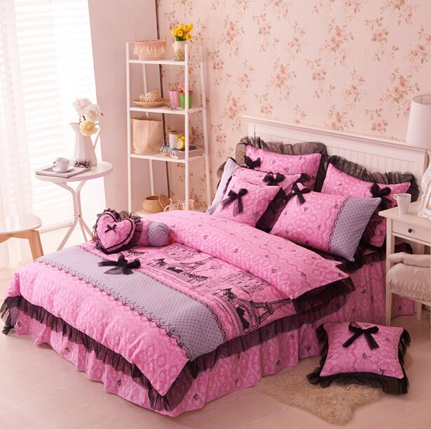 Korean Princess Pink Black Lace Bow Bedding Twin/Full/Queen Cotton Bed