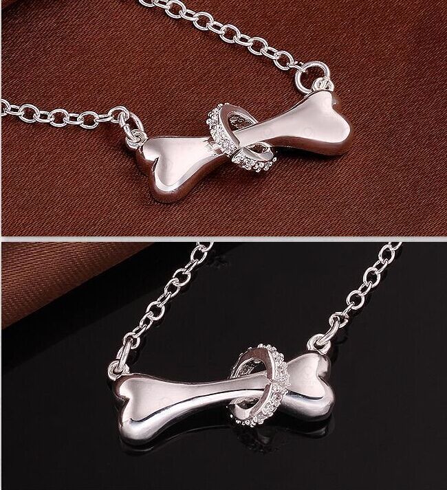 Wholesale Diamond Dog Paw Necklace Silver Dog Bone Tag Rolo Chain 18inch Pendant Necklace Doggie