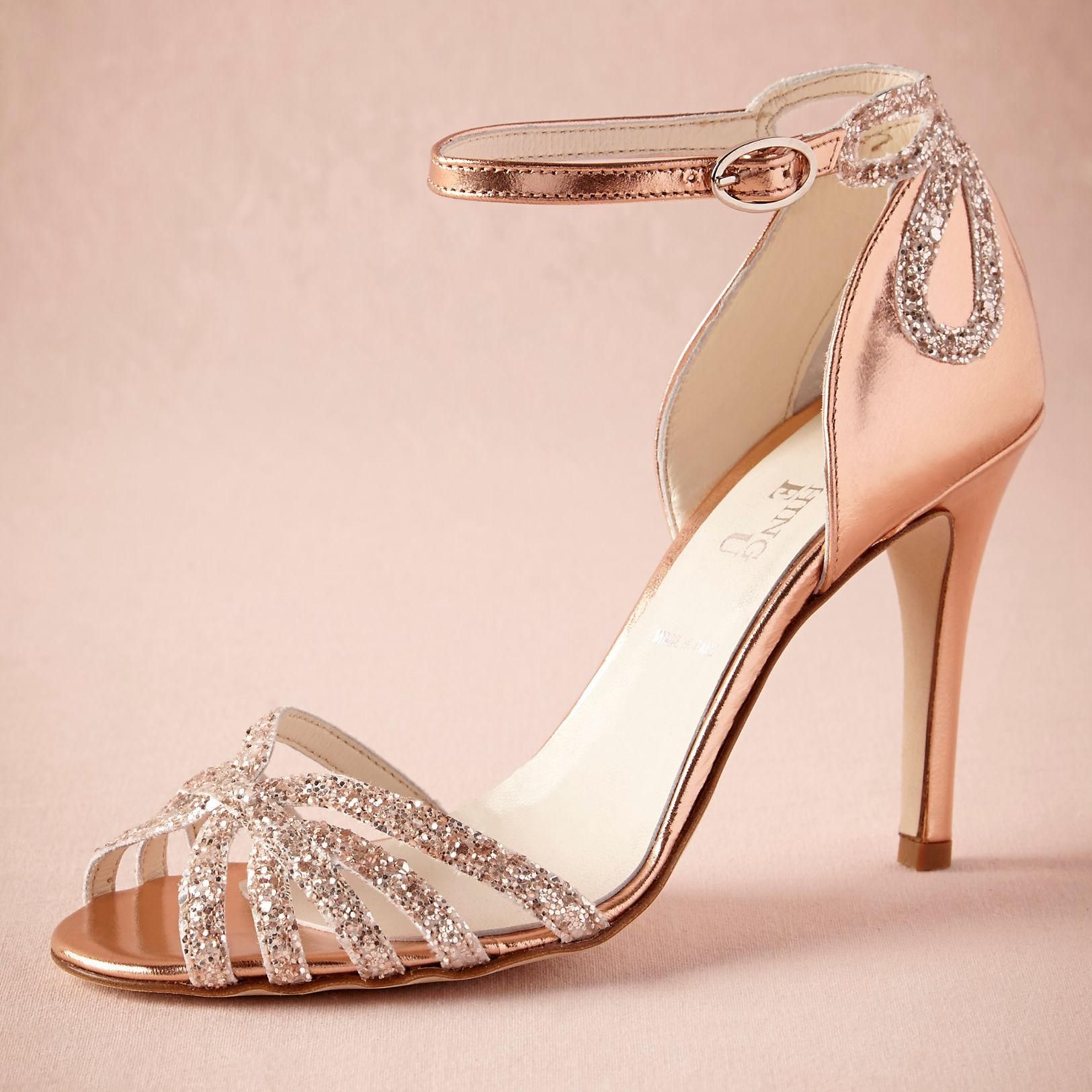 Rose Gold Glittered Heel Real Wedding Shoes Pumps Sandals Gold Leather