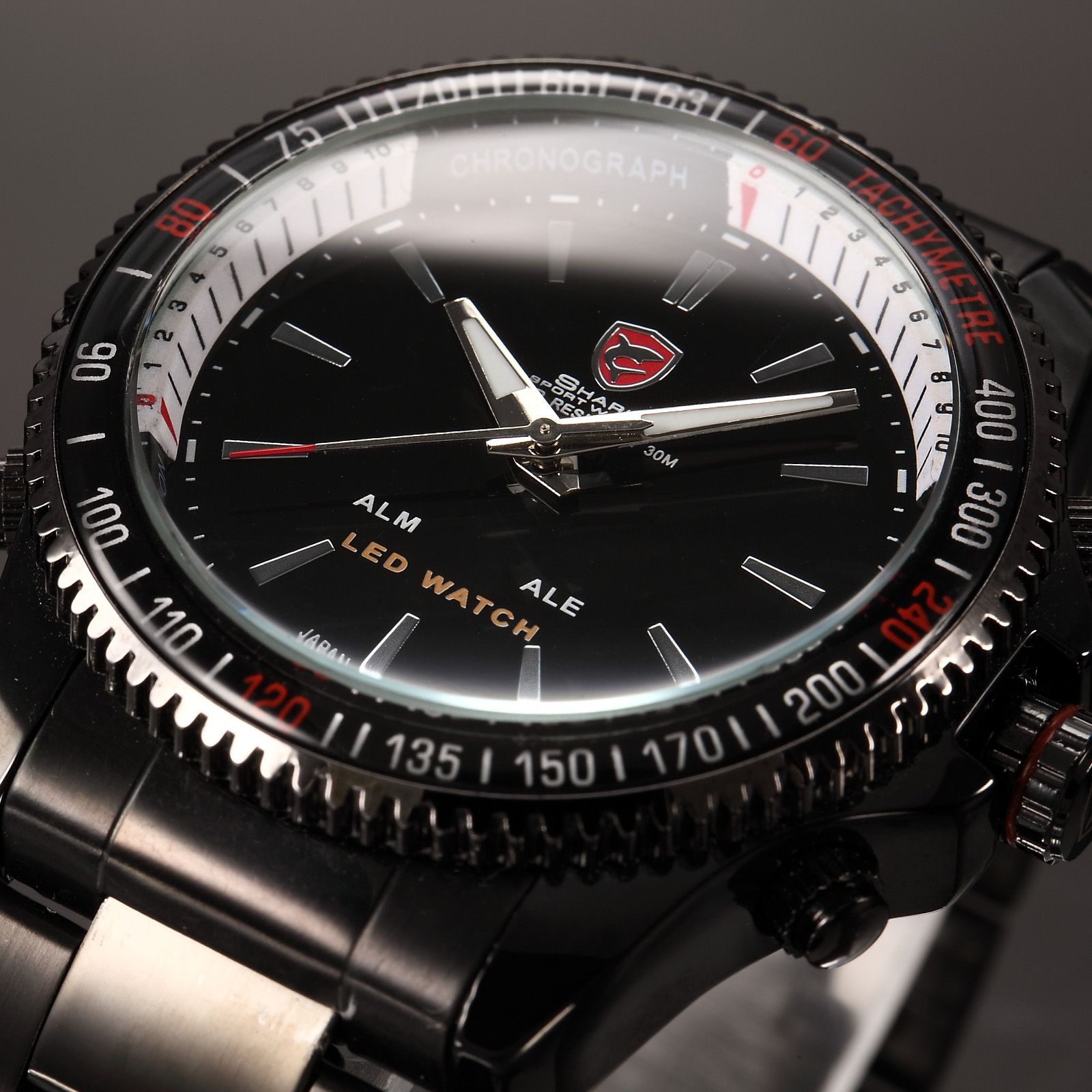 Brand Shark Led Dual Time Date Black Alarm Full Steel