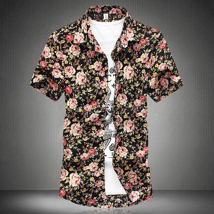 2018 New Plus Size Men Floral Printed Casual Hawaiian Dress Shirts 2015