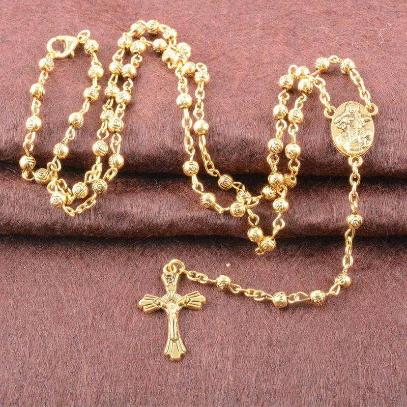 Wholesale Fashion Women 'S 18 K Gold Rosary Necklaces Zinc Alloy Virgin Mary And Jesus Cross