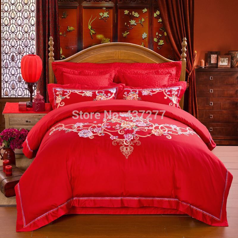 Chinese Traditional Wedding Satin Red Bedding Set Jacquard Embroidered