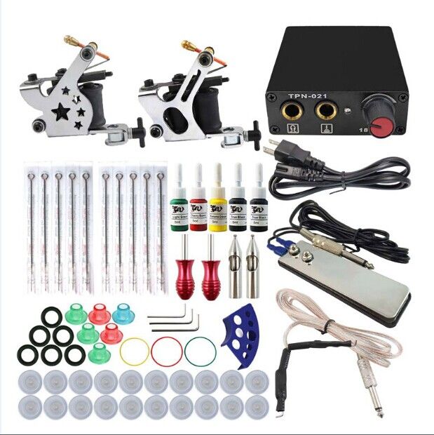Complete Tattoo Gun Kits 2 Machines Guns Inks Sets Needles Power Supply