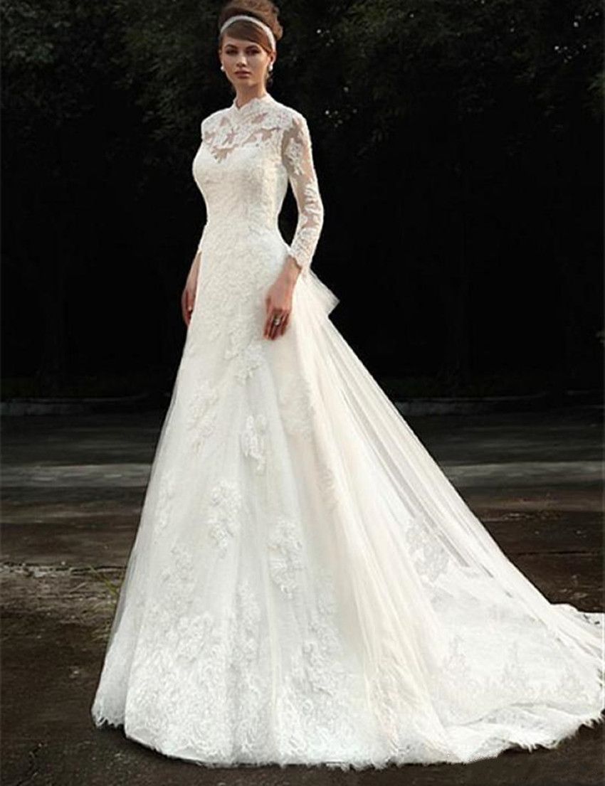 Discount Modest Design Long Sleeve High Neck Wedding Dress 2017 Lace Tulle Court Train A Line