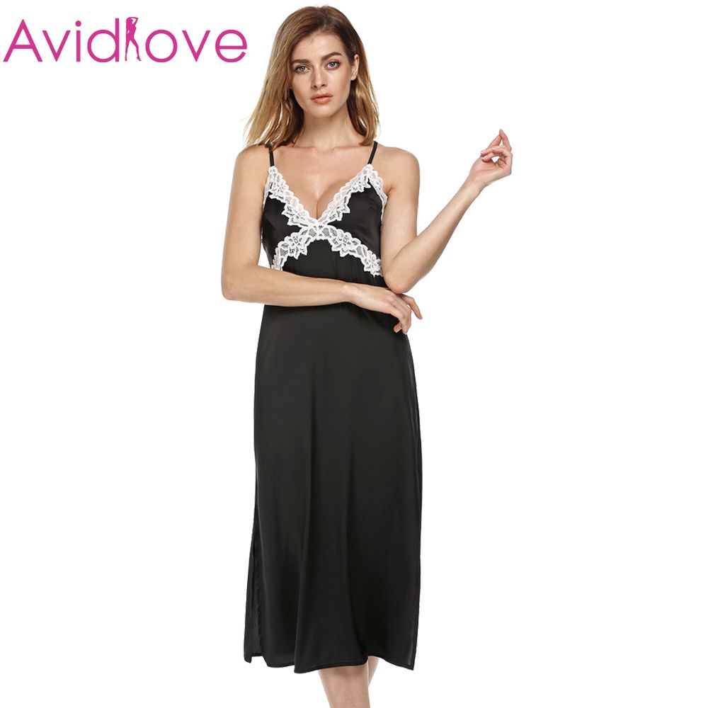 2017 Wholesale Ekouaer Long Satin Nightgown Women Satin Lace Sleepwear