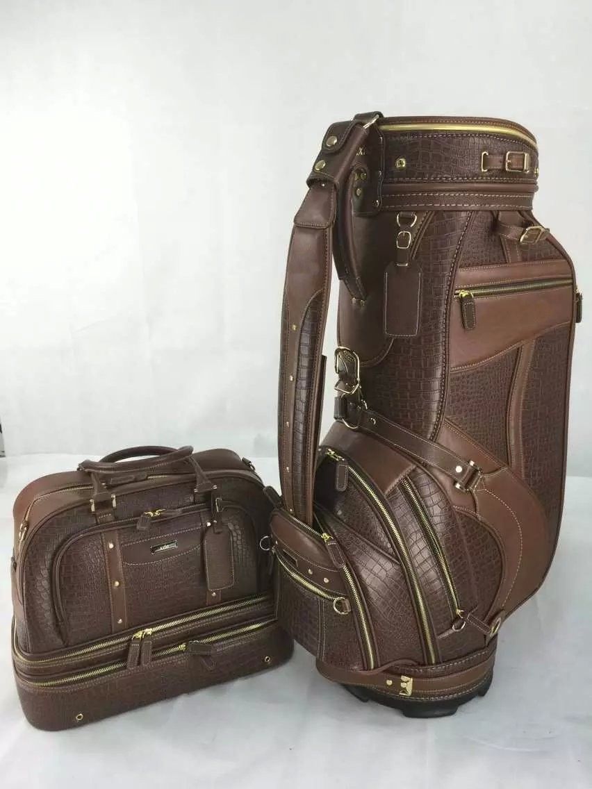 2017 Golf Staff Bag+Boston Bag New Style Xxi Gennuine Leather Golf Caddy Bags 9 In Brown From