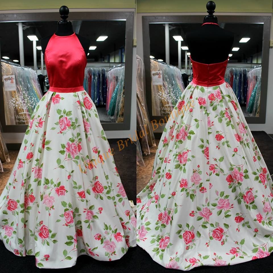 2016 Print Floral Quinceanera Dresses Red Roses With Halter Neck And