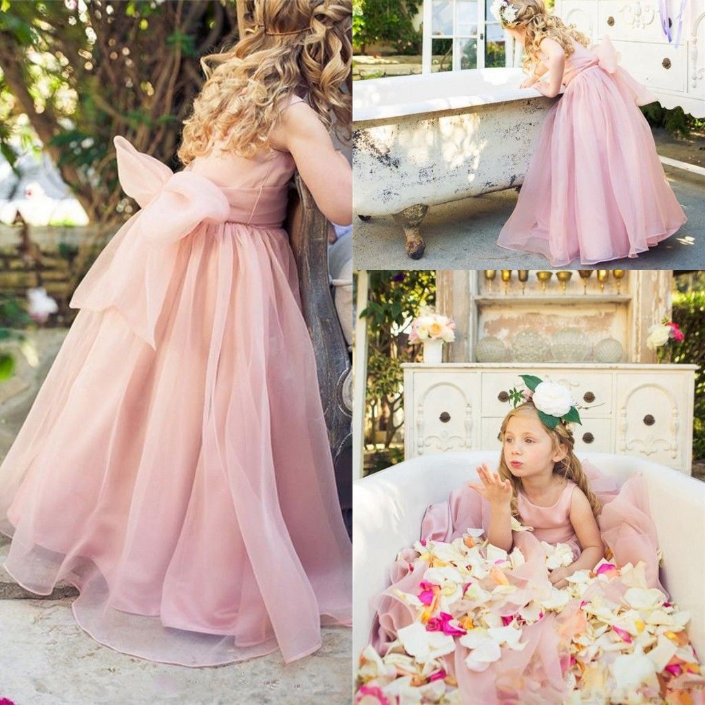 2016 New Cheap Flower Girls Dresses For Wedding Jewel Neck Organza Pink