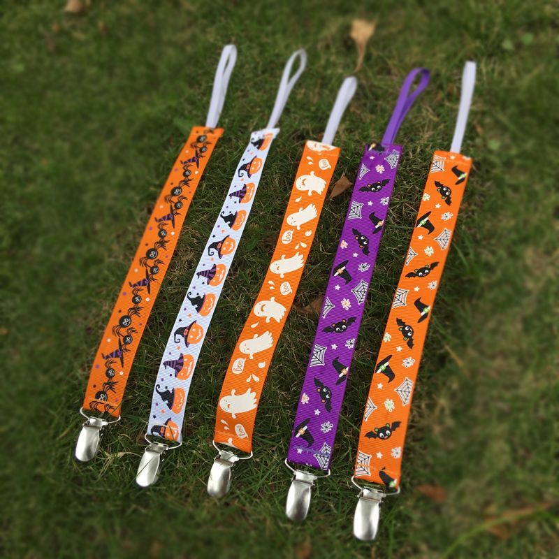 Wholesale Blanks Halloween Pacifier Holder Pumpkin Orange Spider Bat Ghost Printing Baby