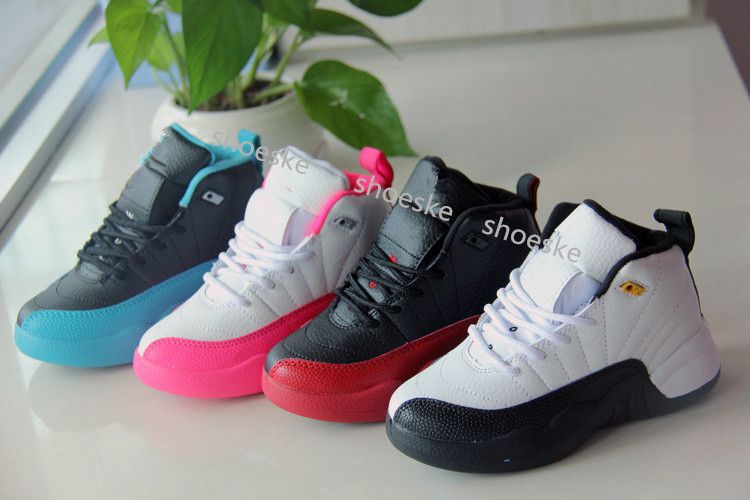2016 Retro 12 Eggs Kids Basketball Shoes Black White Pink Blue Girl Of
