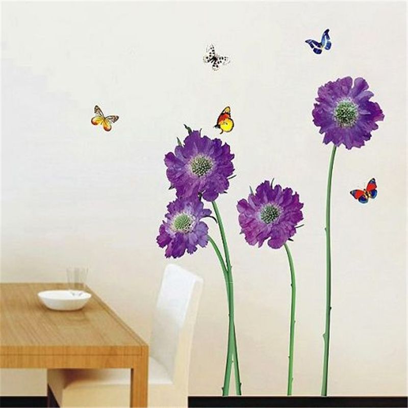 Venta al por mayor 80x100cm iris púrpura pegatinas de pared planta ... Murales mariposas para cuartos
