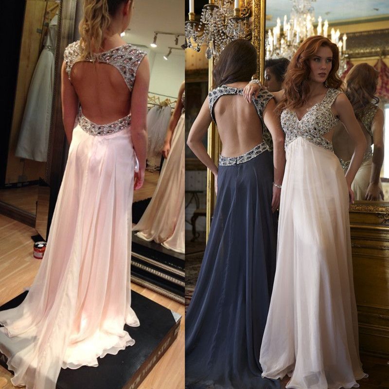 Open Back Prom Dresses Pink Beaded 2016 New Arrival Sexy Chiffon