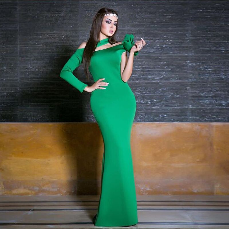 Unique Cutting Green Keyhole One Sleeve Evening Dresses Mermaid Long with Flower Simple Cheap 