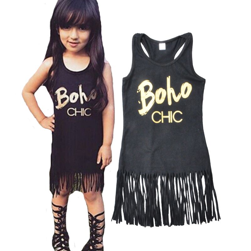 Girls Tassel Dress Black Boho Chic Letter Toddler Girls Dresses Summer