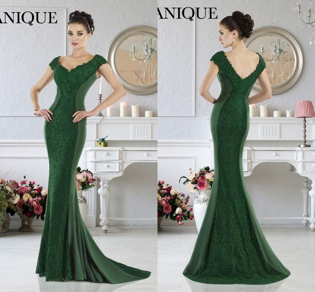 2016 Olive Green Evening Dresses Formal Elegant V Neck Sweep Train Lace