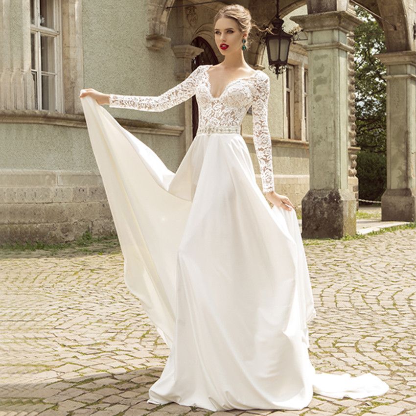 Discount 2016 Romantic Bohemian Wedding Dresses Illusion Long Sleeve