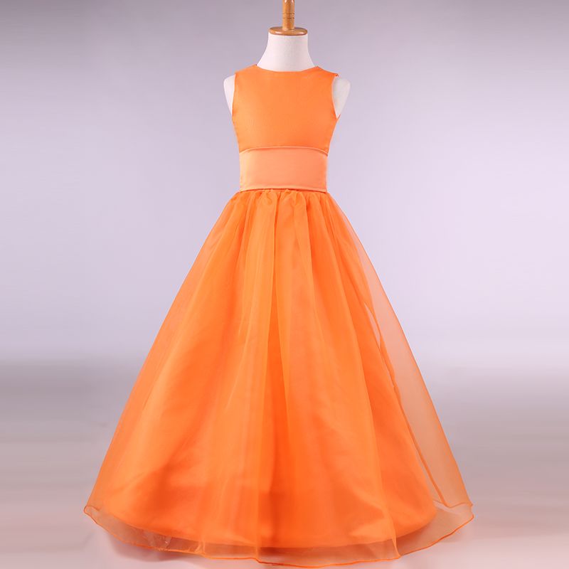 Jewel Neck Tulle Satin Flower Girl Dress Orange 2017 Floor Length Kids Prom Dresses Real Photo