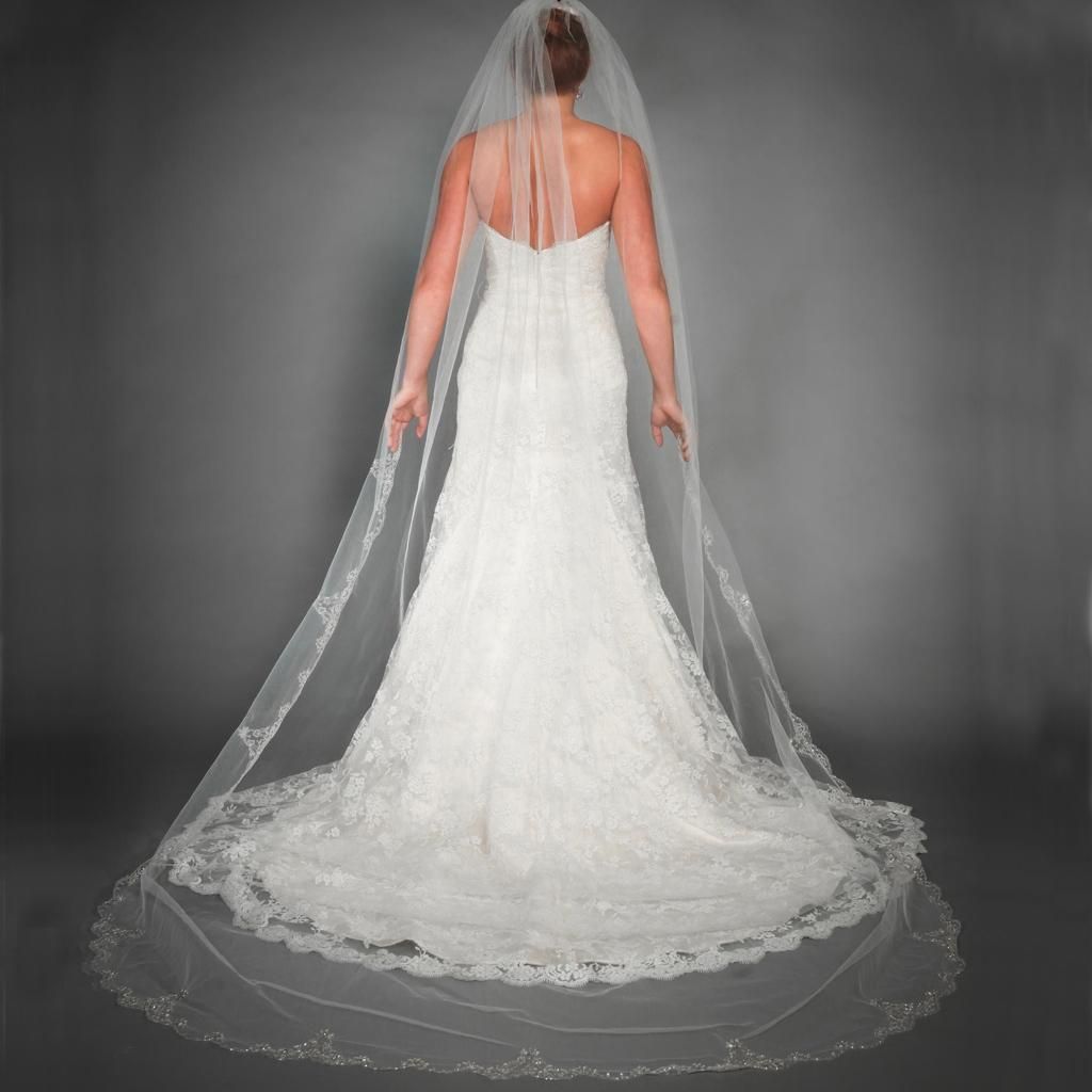 2016 Catheral Veils Long Lace Beaded Edge Trim Bridal Veils Cathedral
