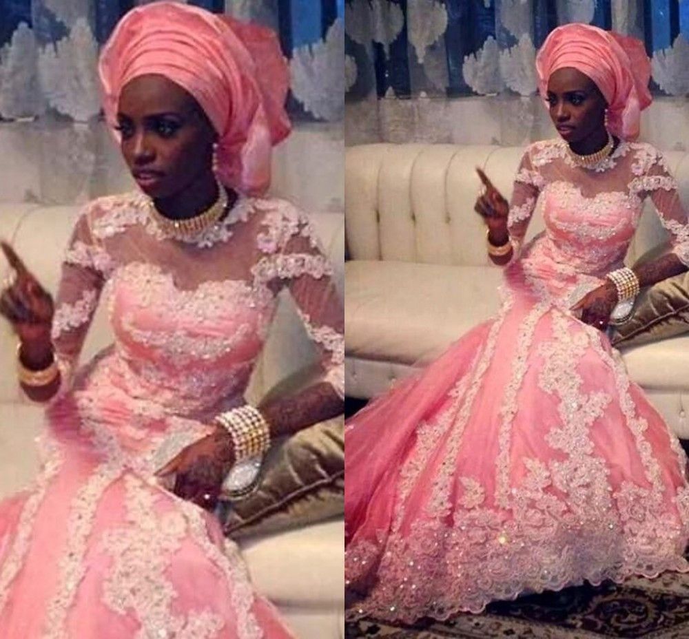 Indian Wedding Dresses 2016 Hot Pink Sheer High Neck Long Illusion