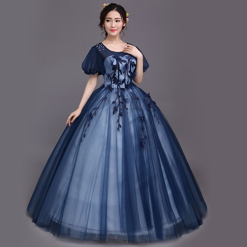 Dark Blue Bubble Sleeve Gown Medieval Dress Long Gown Princess Medieval