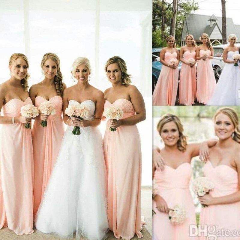 Peach Bridesmaid Dresses Long Sweetheart Ruched Chiffon Light Pink