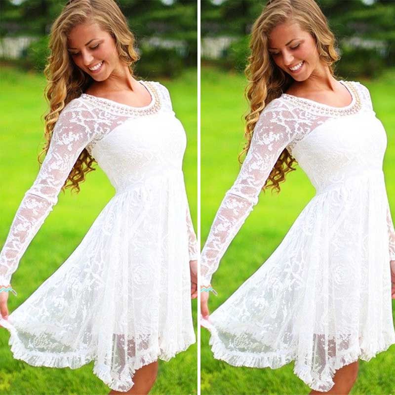 2016 Long Sleeve Dresses Lace White Short Knee Length Semi
