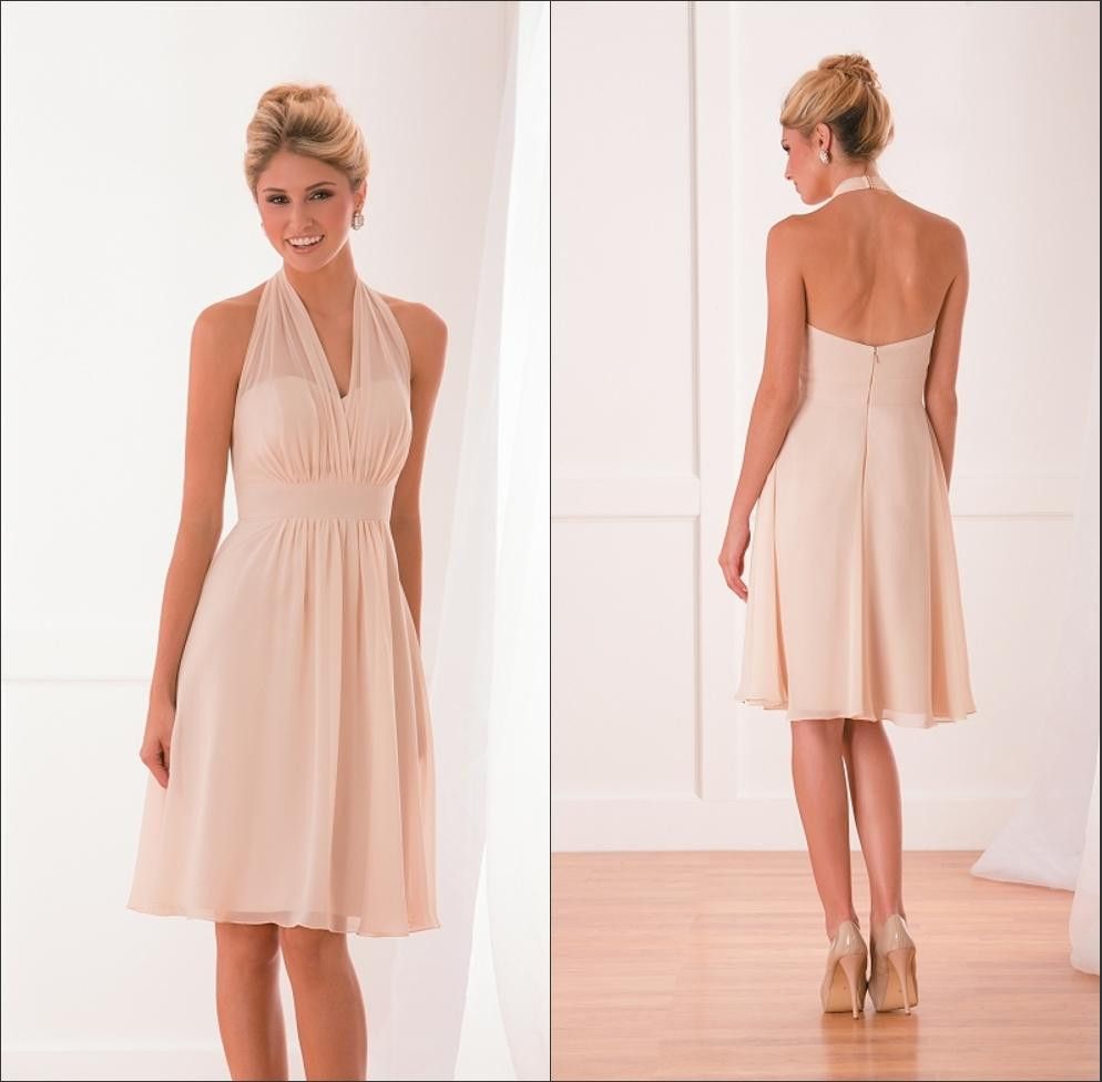 Blush Pink Bridesmaid Dresses Knee Length Chiffon Halter Neck Cheap