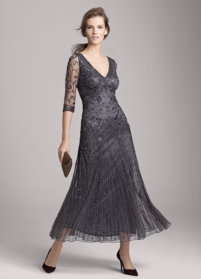 Gray Beading Mother Of The Bride Dresses With Half Sleeves V Neck A Line Ankle Length Tulle