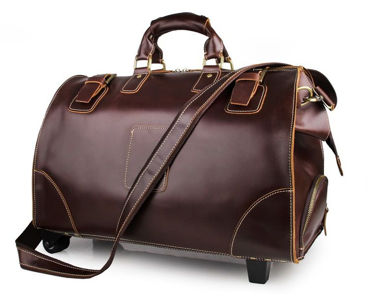 High Quality Cowhide Genuine Leather Overnight Rolling Weekend Travel Duffle Luggage Rolling ...