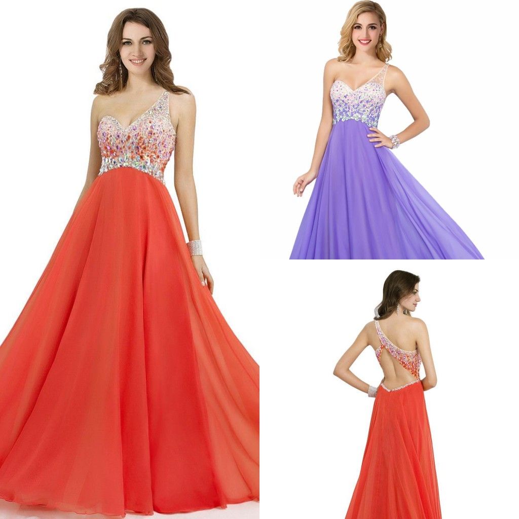 Cheap One Shoulder Long Prom Dresses A Line Chiffon Crystal Beaded