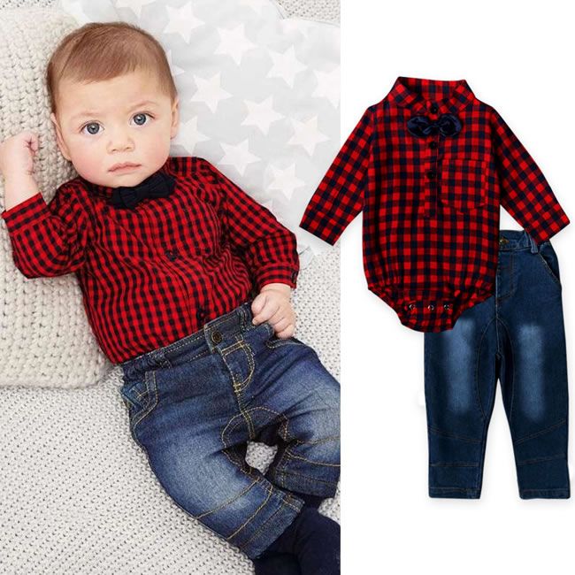 New Arrival Baby Boy Denim Set Clothes Bow Tie Plaid Shirt Bodysuit