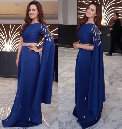 2016 Beaded Indian Gowns Open Sleeve Royal Blue One Off Shoulder