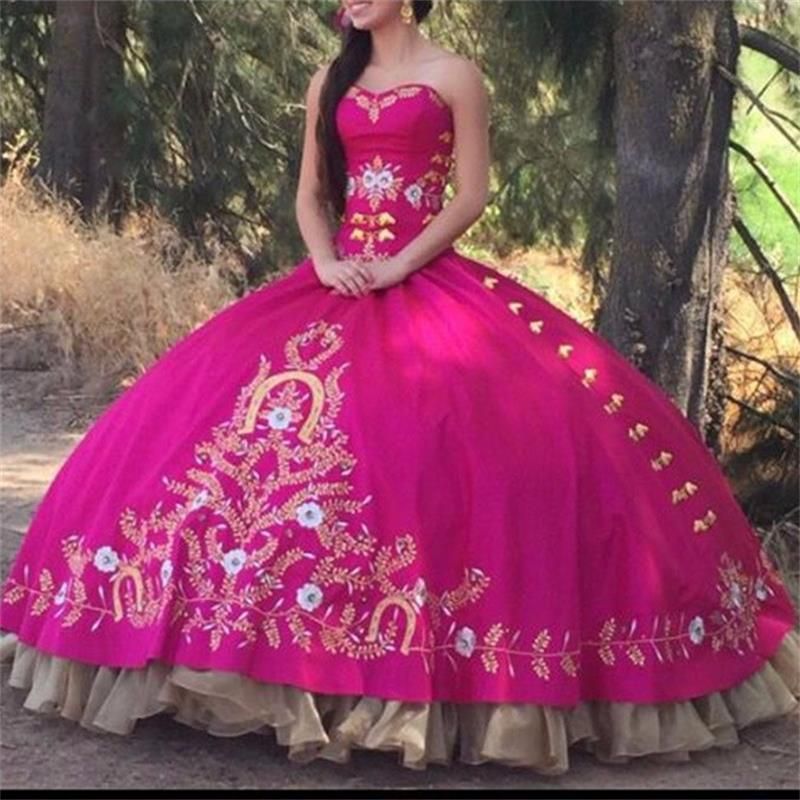 Elegant Fuchsia Quinceanera Dresses 2017 Sweetheart Beautiful Golden Embroidery Ball Gowns Prom